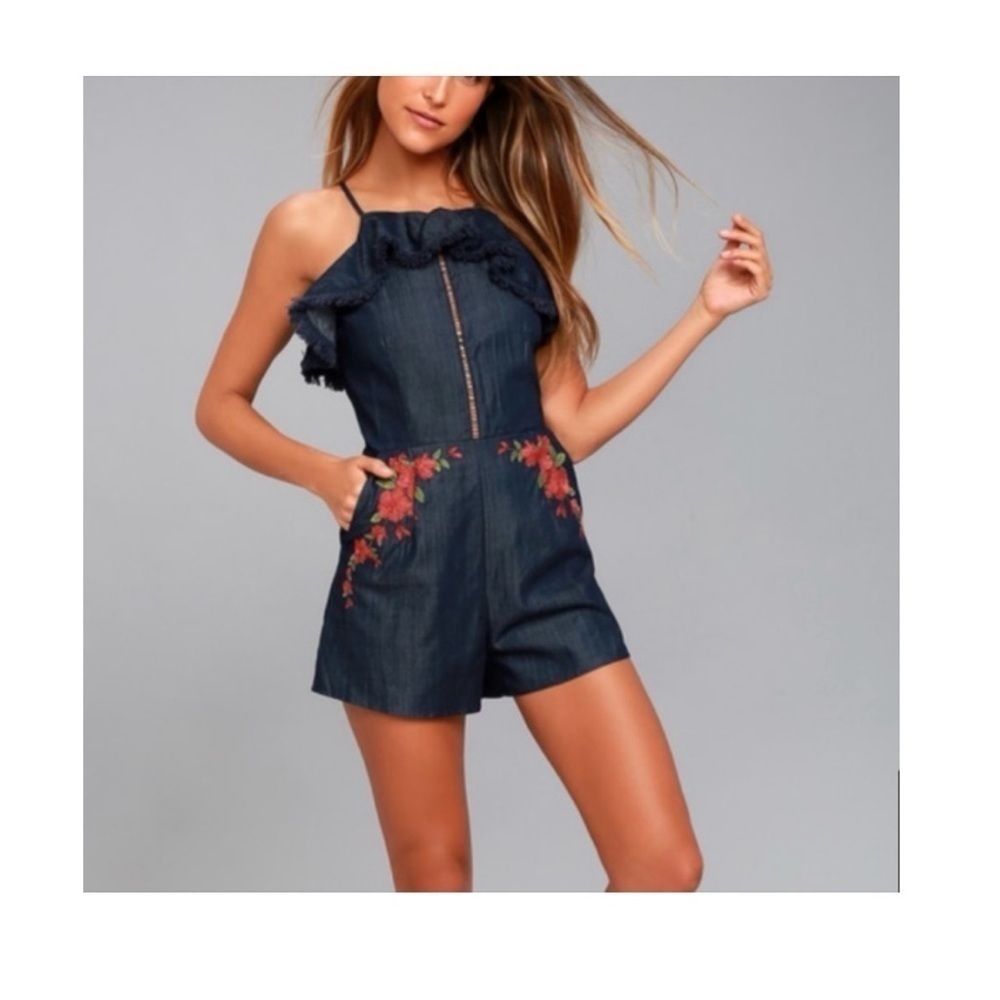 MOON RIVER Stylish chambray Romper with Floral Embroidery